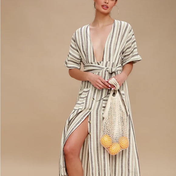 Free People linen Monday striped tie waist midi dress - Picture 2 of 8